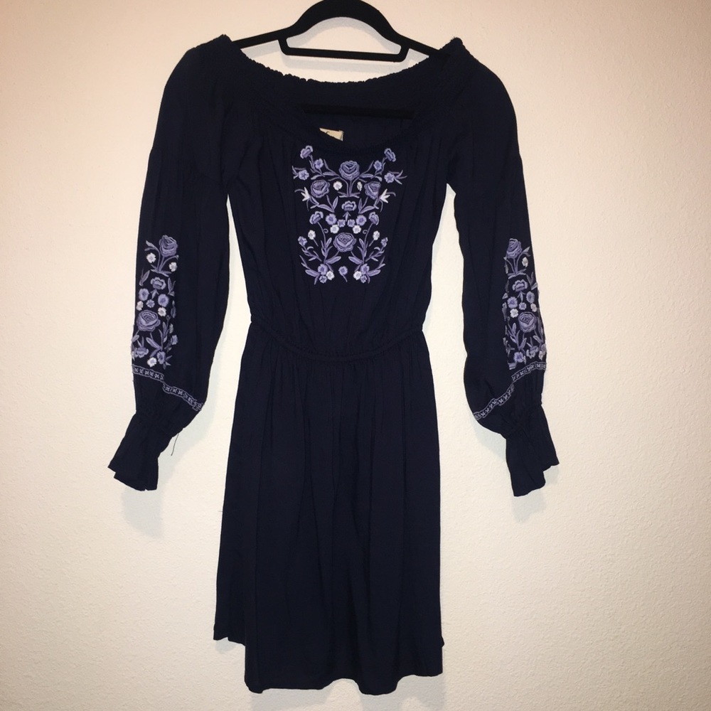 Blue Embroidered Off the Shoulder Hollister Dress